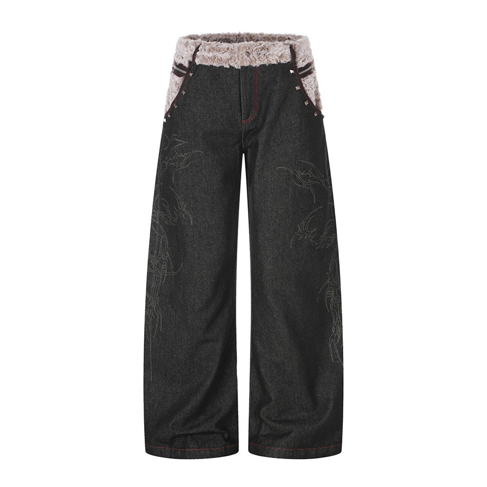 Schwarze Wide-Leg-Jeans mit Kunstfell-Kontrastbund und Nieten-Details