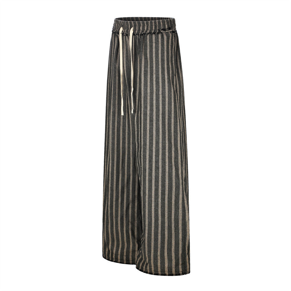 Wide-Leg Striped Drawstring Pants – Vintage Distressed Raw-Hem