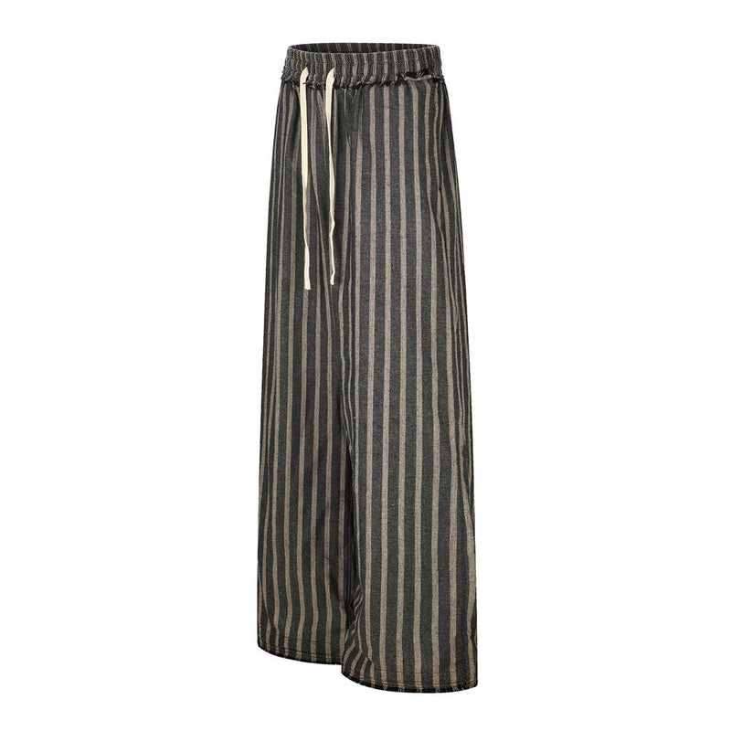 Wide-Leg Striped Drawstring Pants – Vintage Distressed Raw-Hem