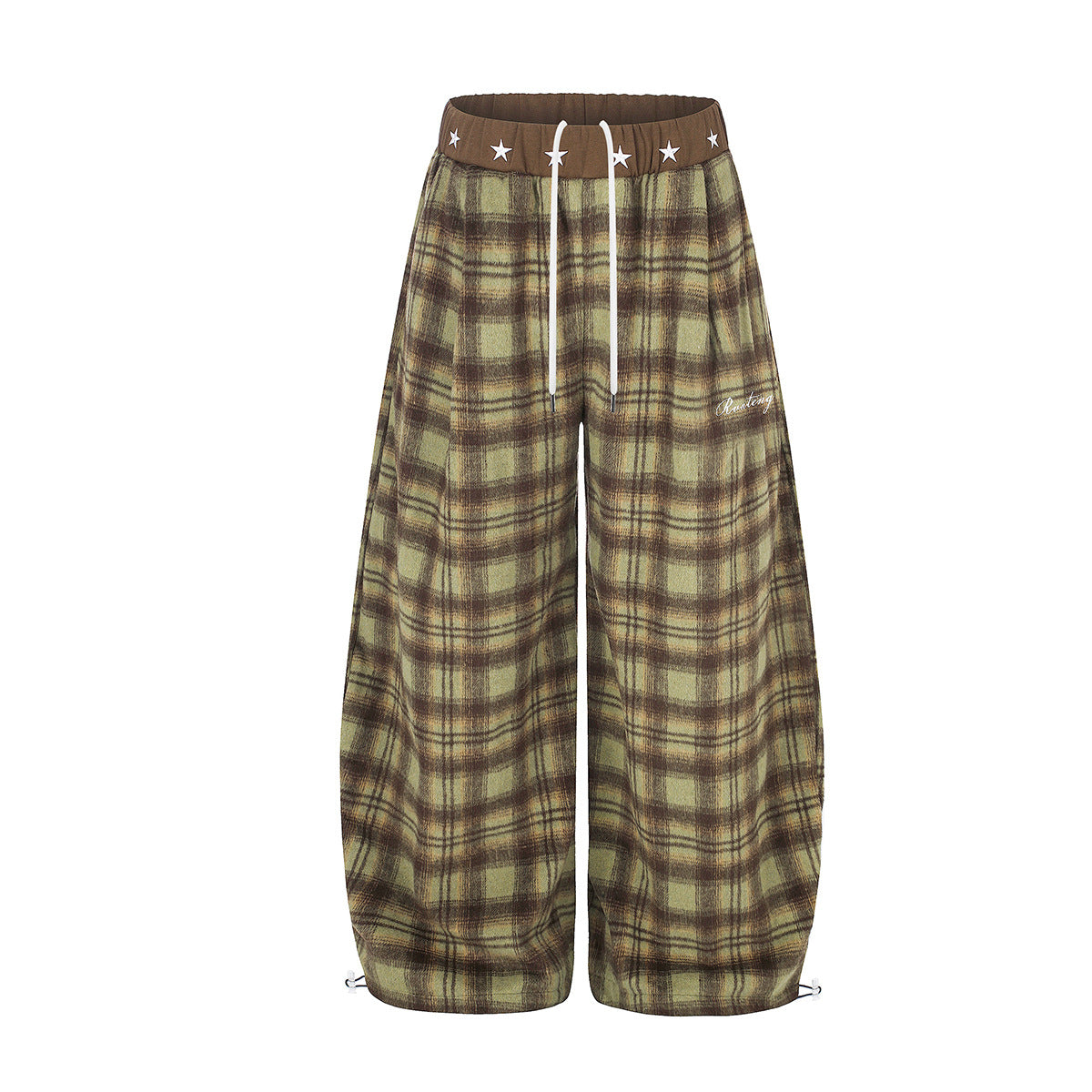 Oversized plaid wide-leg pants with star-embroidered contrast waistband and drawstring in olive green plaid colorway