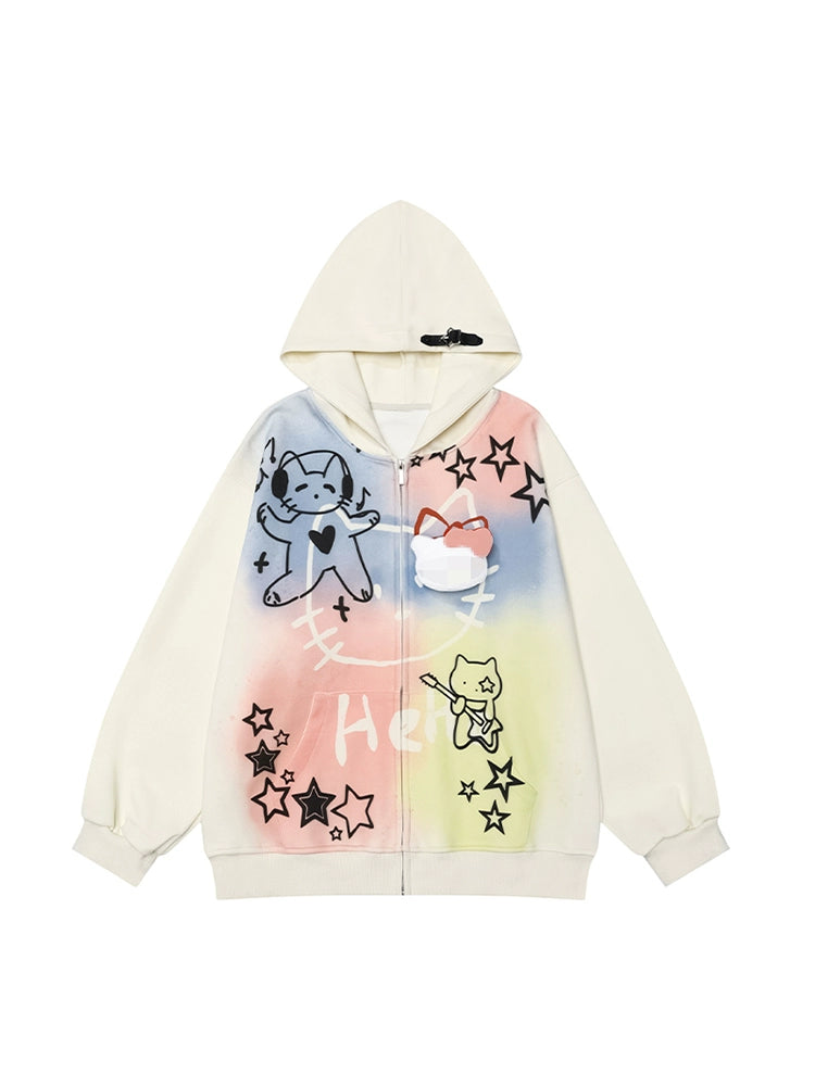 The Seakoff Pastel Cat Graffiti Hoodie features a vibrant blend of pink, blue, and yellow with cartoon cats, star patterns, and &quot;HELLO&quot; in white. This kawaii full-zip hoodie is perfect for streetwear enthusiasts and includes a drawstring hood.