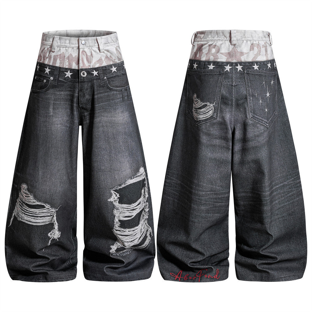 Wide-Leg Distressed Jeans with Faux Double Waistband & Star Detail