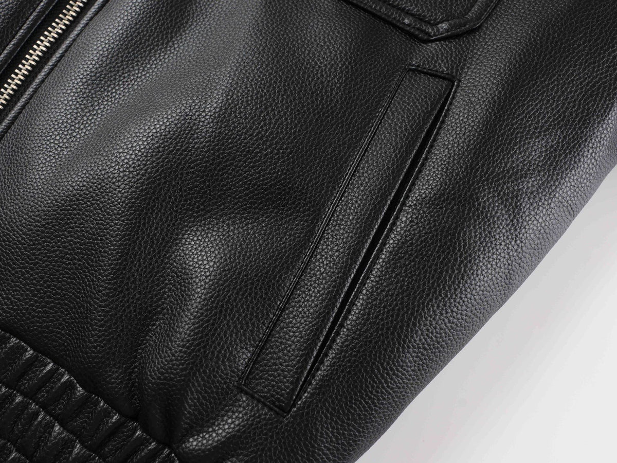 Black Leather Bomber Jacket with Fur Collar & Multi-Pocket Design