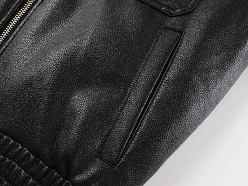 Black Leather Bomber Jacket with Fur Collar & Multi-Pocket Design