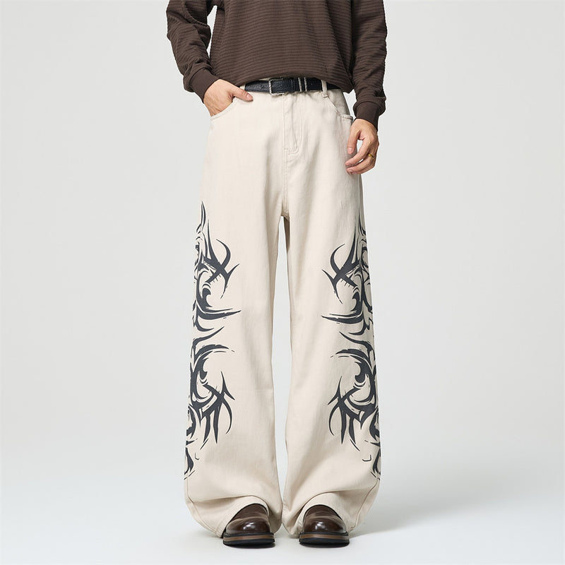 Tribal Print Wide-Leg Jeans – Men's Streetwear Straight Baggy Pants