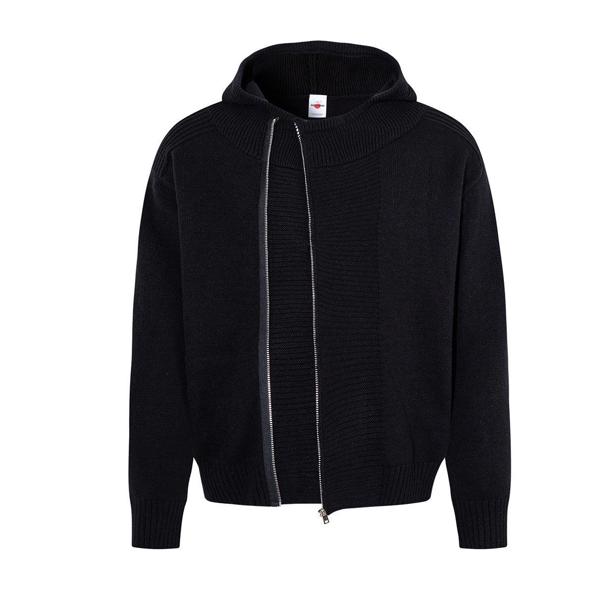 Black oversized knit full-zip hoodie with mixed-texture front panel and ribbed cuffs, front and back view