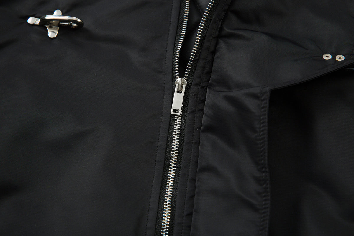Padded Bomber Jacket with Detachable Faux Fur Hood & Ruched Sleeves in Black