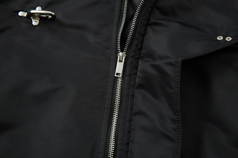 Padded Bomber Jacket with Detachable Faux Fur Hood & Ruched Sleeves in Black