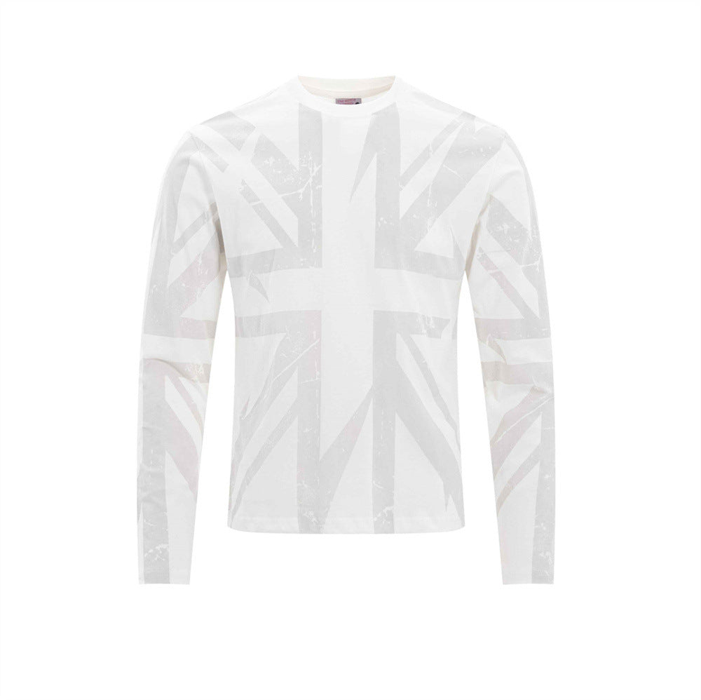 White long sleeve graphic tee with faded Union Jack print, front view
