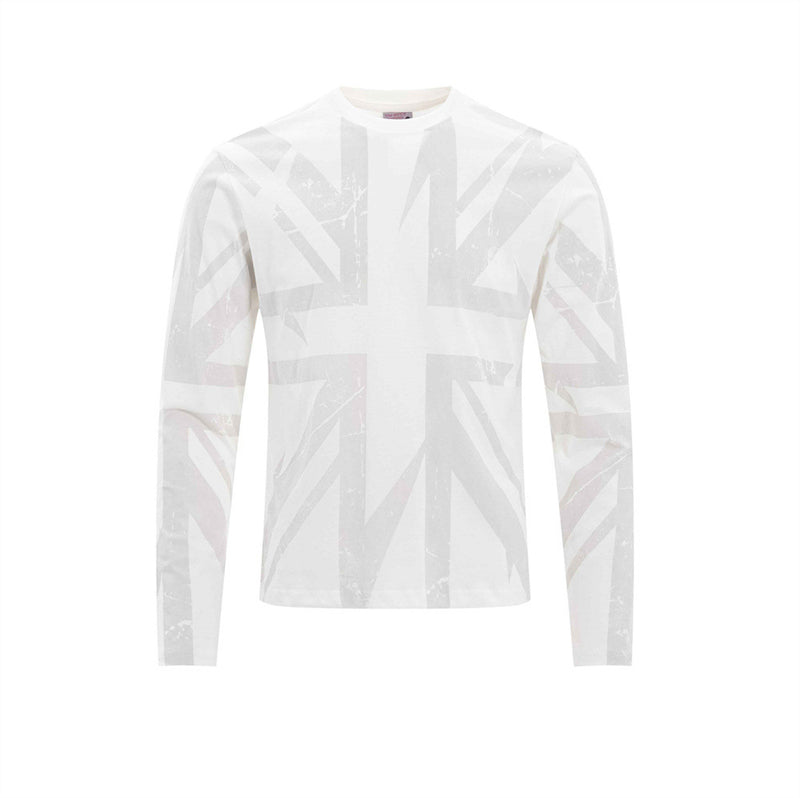 White long sleeve graphic tee with faded Union Jack print, front view