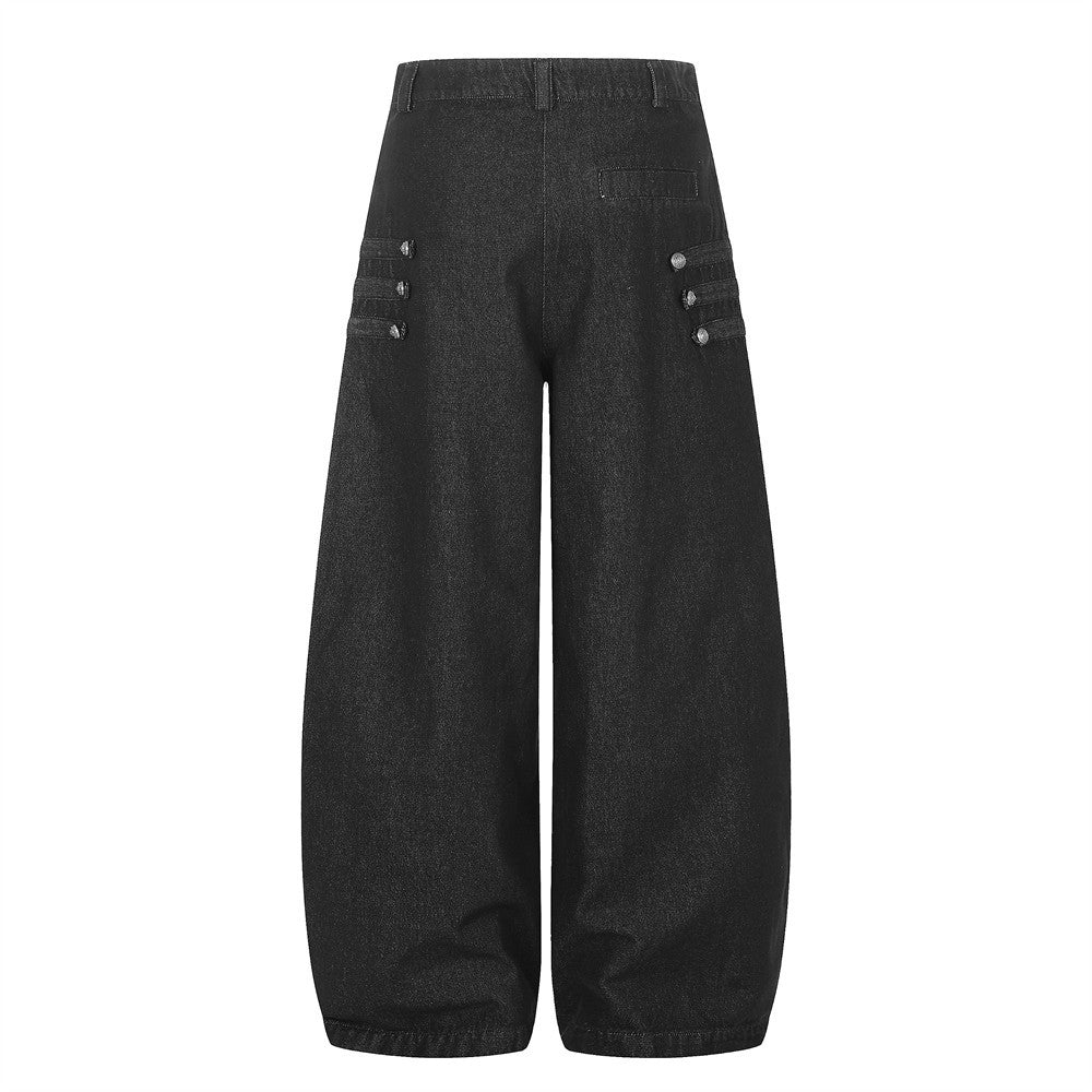 Back view of black wide-leg denim jeans with side button accents and a plain waistband
