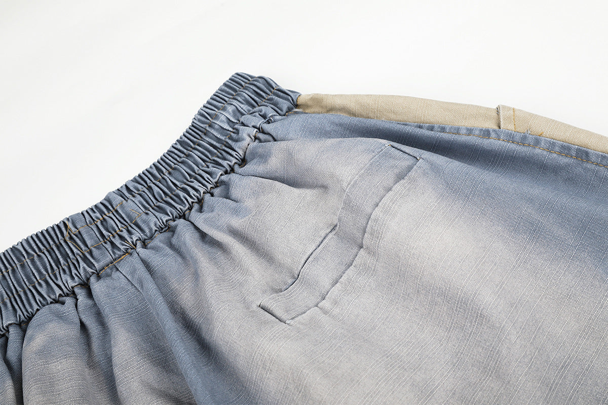 Jean wide leg délavé color block avec écusson étoile – Style street américain décontracté