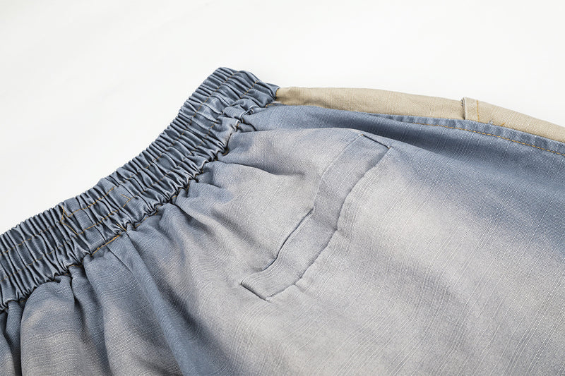 Jean wide leg délavé color block avec écusson étoile – Style street américain décontracté