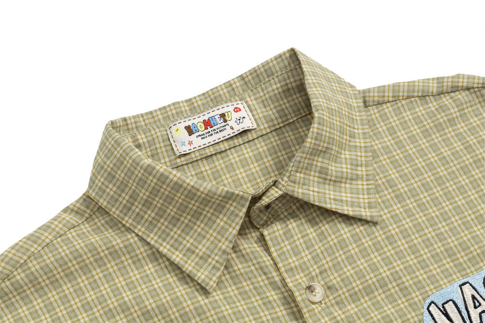 Plaid Faux Two-Piece Long Sleeve Shirt with Letter Embroidery Patch — Oversized