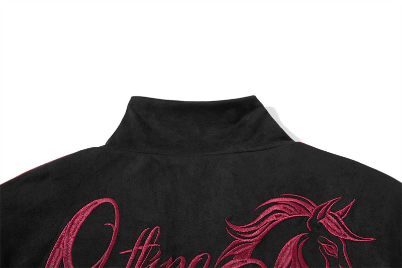 Suede Bomber Jacket Men's Black Embroidered Stand-Collar Track Jacket