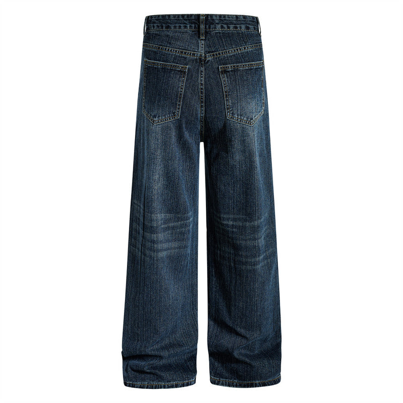 Wide-Leg Jeans Men – Washed Denim, Rhinestone Cross & Paint Splatter Detail
