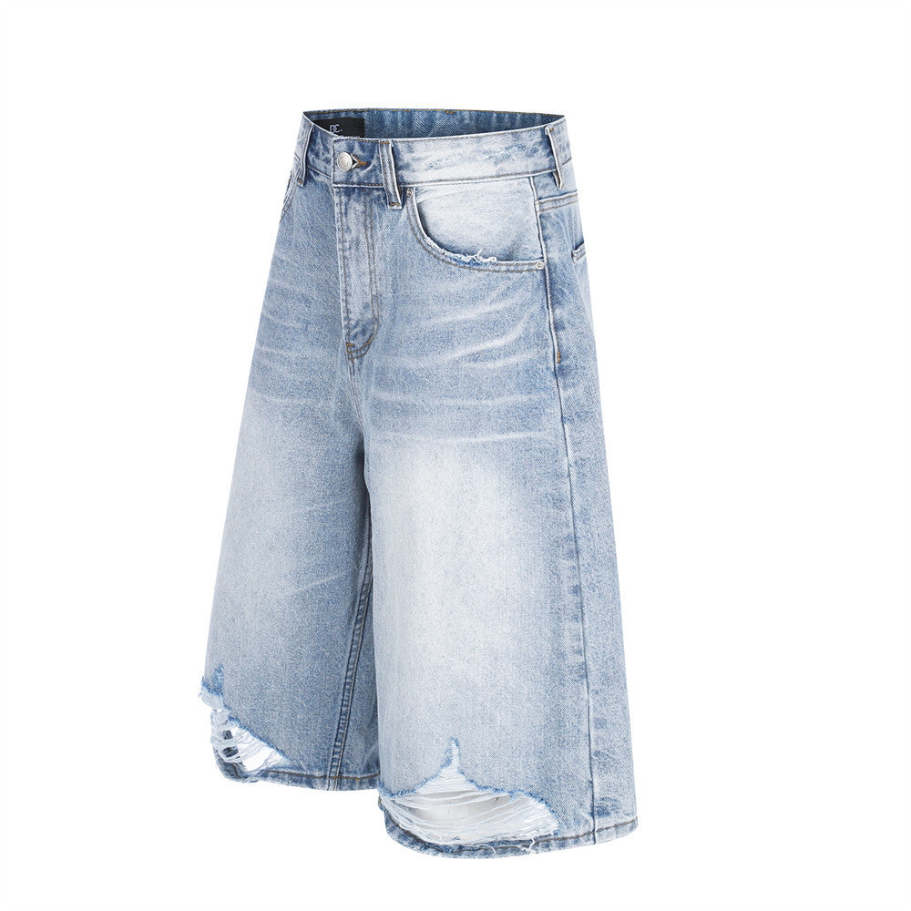 Wide-Leg Distressed Denim Shorts – Light Wash Retro Baggy Fit