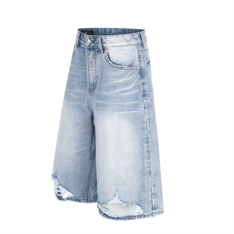Wide-Leg Distressed Denim Shorts – Light Wash Retro Baggy Fit