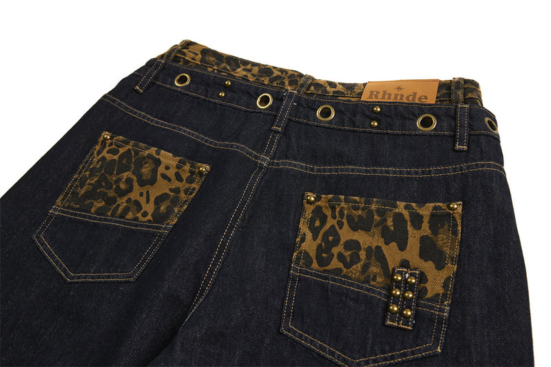Wide-Leg Jeans with Leopard Print Double Waistband – Men's Dark Indigo Denim
