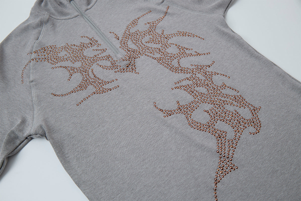 Rhinestone Dragon Mock Neck Quarter-Zip Long Sleeve Shirt