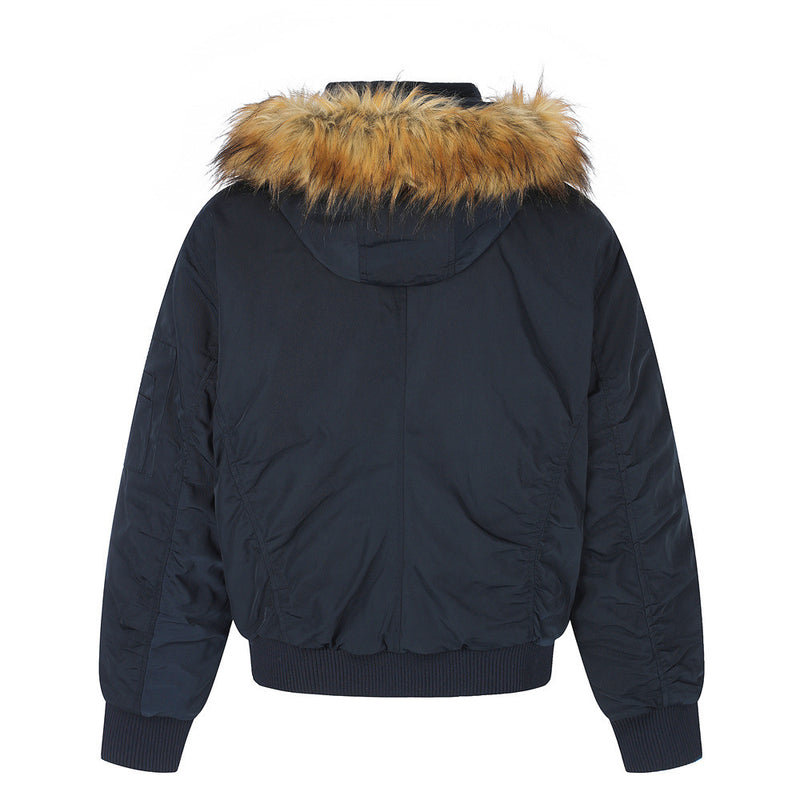 Men's Hooded Bomber Jacket with Detachable Fur-Trim Hood & Military Button