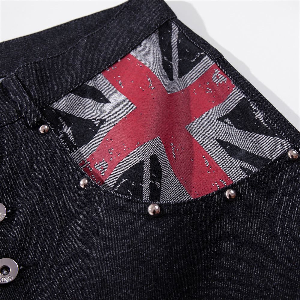 Wide-Leg Denim Jeans with Union Jack Print & Button Fly