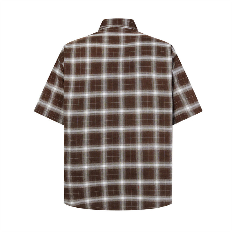 Plaid Short-Sleeve Shirt with Embroidered Letter Patch & Pearl Studs