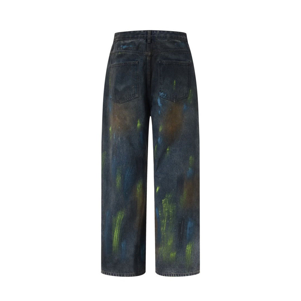 Baggy Paint Splatter Jeans Men – Wide Leg Grunge Denim Straight Pants