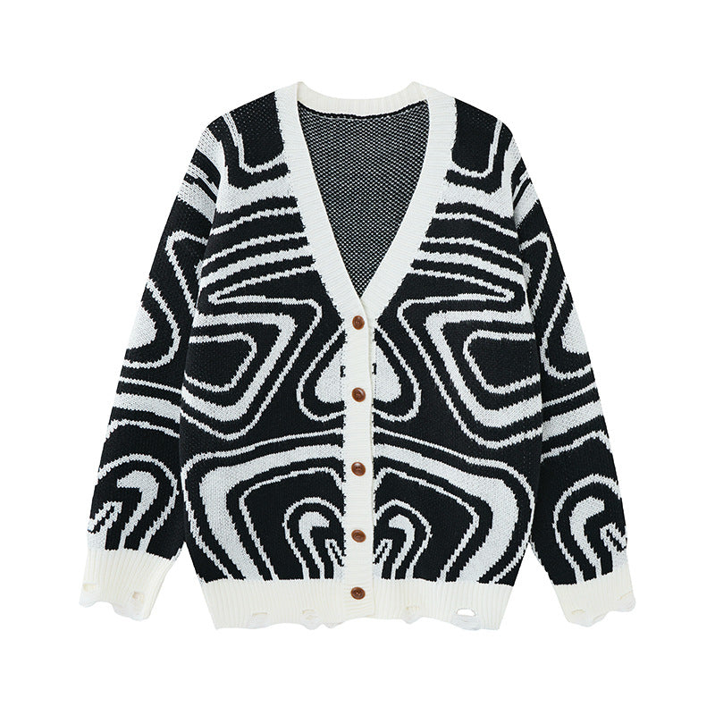 Oversized-Strickcardigan mit V-Ausschnitt, abstraktem Wirbel-Jacquardmuster, Knopfleiste und ausgefranstem Saum in Schwarz-Weiß