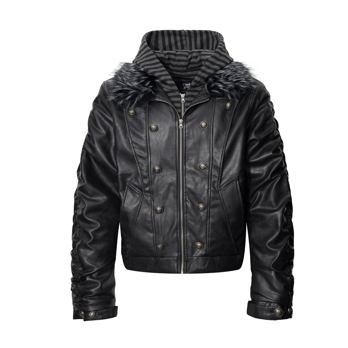 Veste matelassée en similicuir avec col en fausse fourrure et boutons croisés