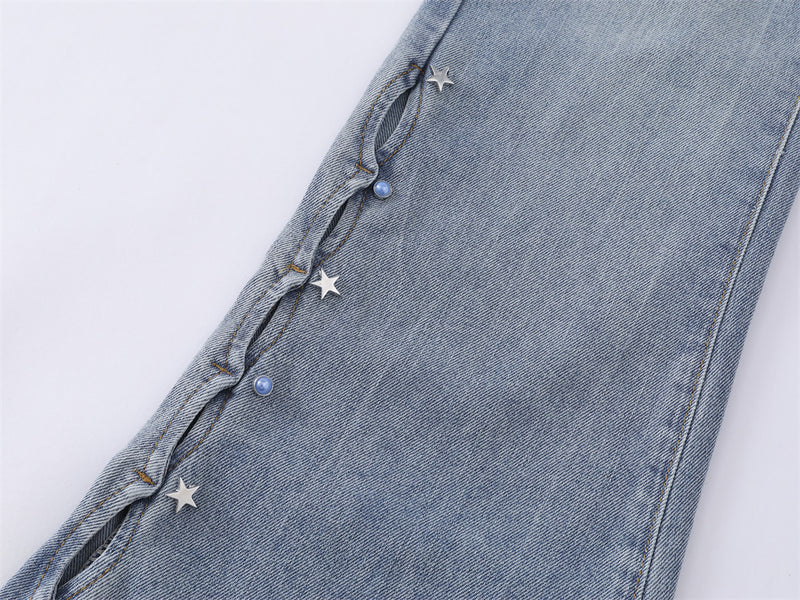 Jean homme flare wide leg – Délavage clair, fente latérale et étoiles