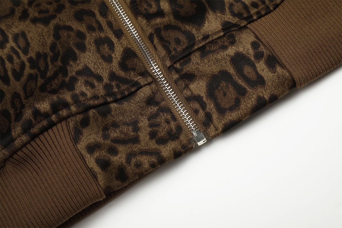 Leoparden-Hoodie mit Reißverschluss und Design – bestickte Varsity-Streetwear-Jacke