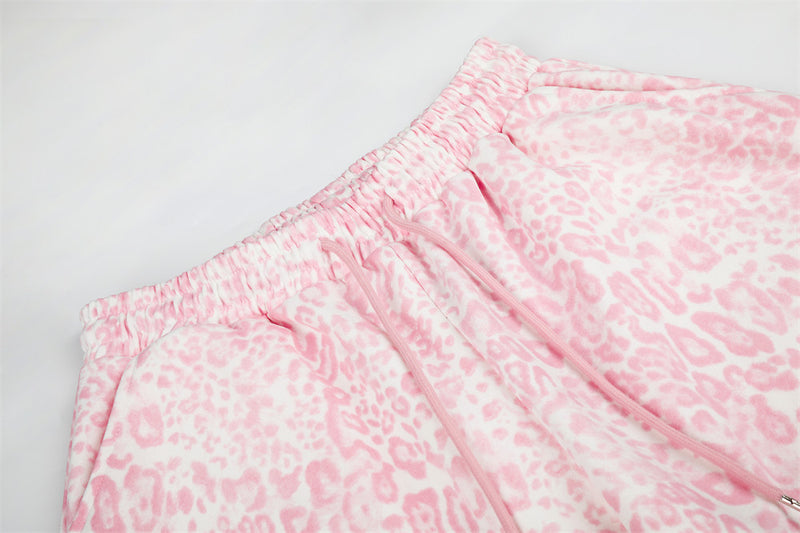 Pink Leopard Print Wide-Leg Sweatpants with Letter Embroidery