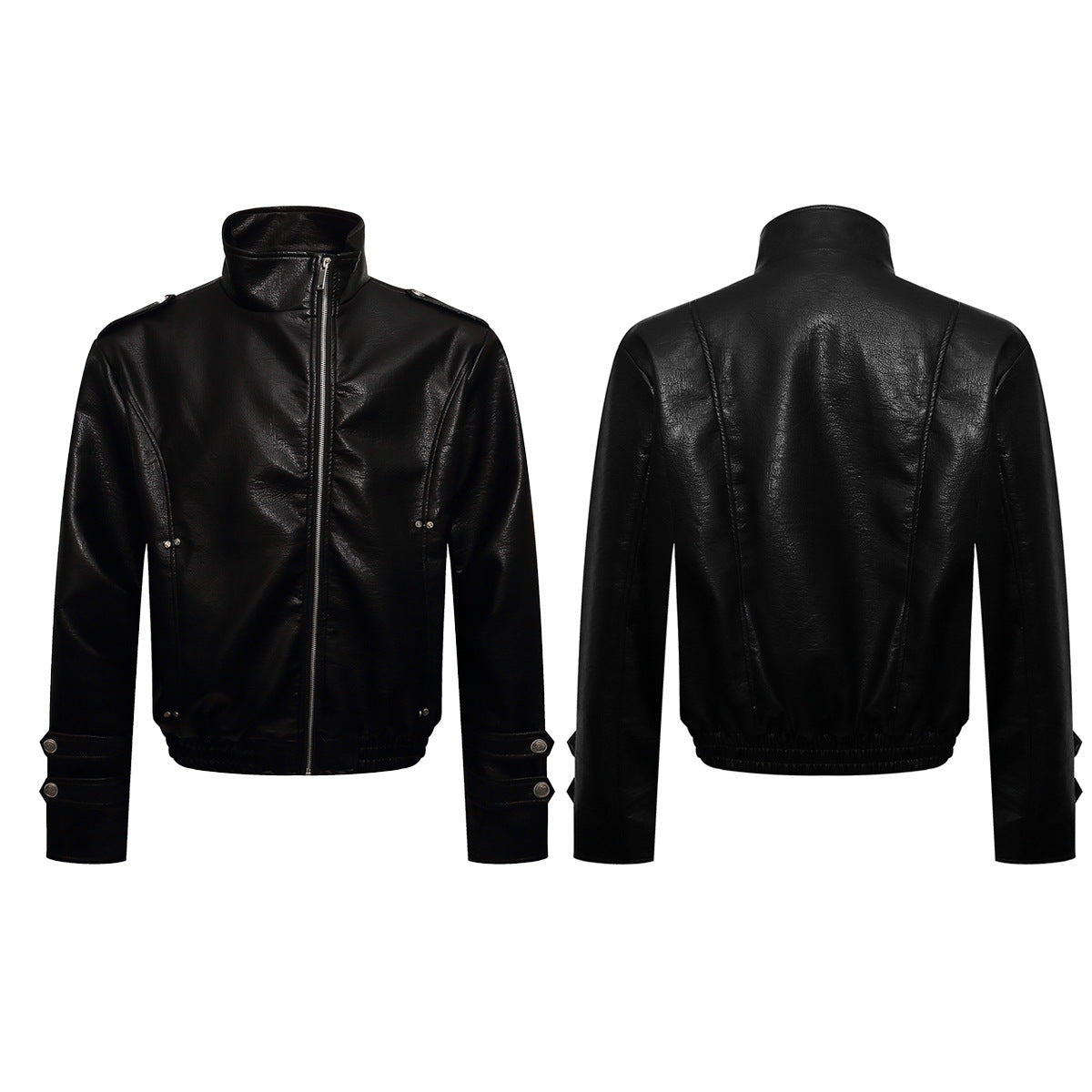Black PU Leather Moto Jacket – Zip-Up Bomber with Stand Collar & Silver Hardware