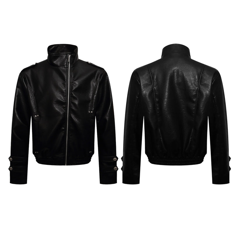 Black PU Leather Moto Jacket – Zip-Up Bomber with Stand Collar & Silver Hardware