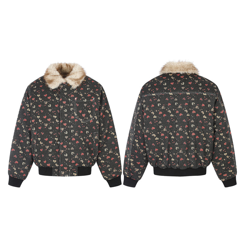 Heart Print Faux Fur Collar Padded Bomber Jacket – Vintage Floral Streetwear