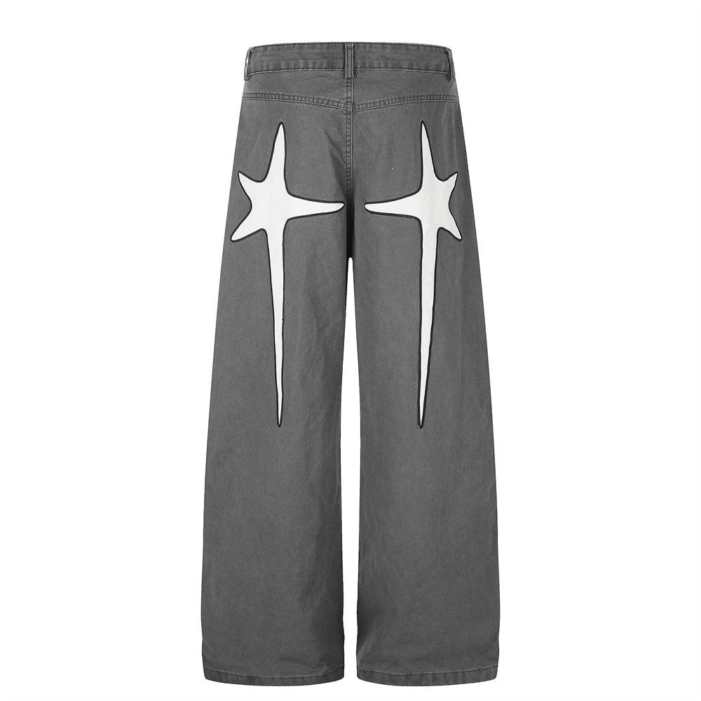 Wide-Leg Men's Pants with Star Embroidery & Cross Back Graphic – Relaxed