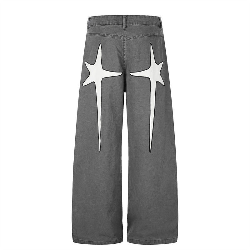 Wide-Leg Men's Pants with Star Embroidery & Cross Back Graphic – Relaxed