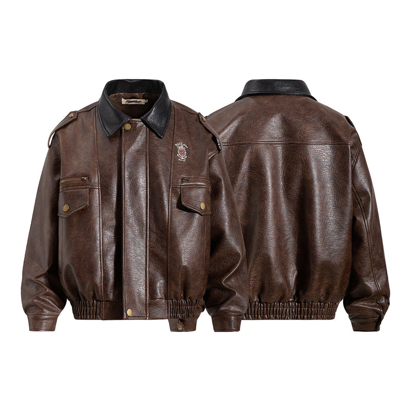 Oversized PU Leather Bomber Jacket – Vintage American Moto Style with Contrast