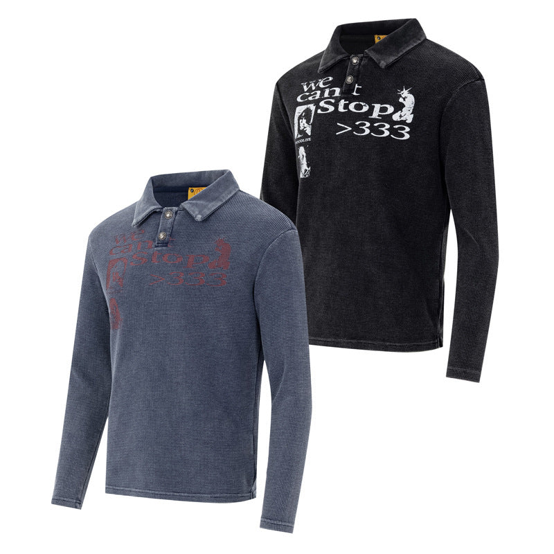 Polo manches longues – T-shirt graphique de créateur en maille gaufrée délavée