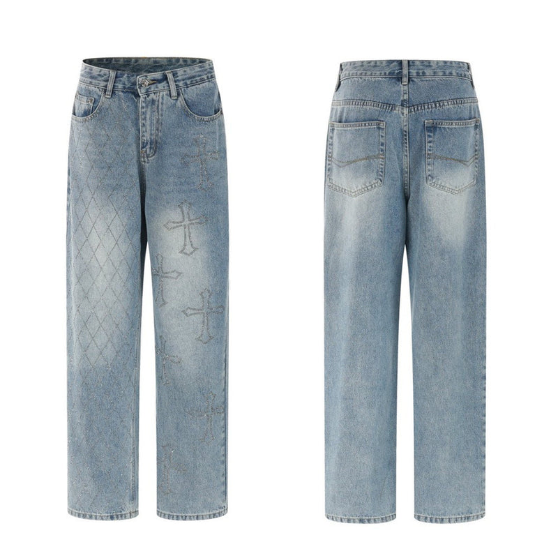 Light blue wide-leg jeans shown front and back, with argyle and cross details on the front