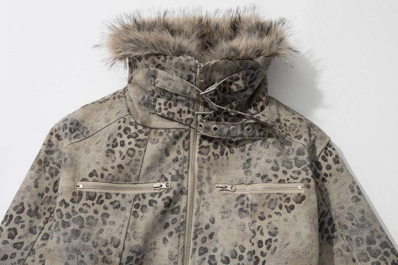 Men's Leopard Print Padded Jacket with Faux Fur Collar & Trim