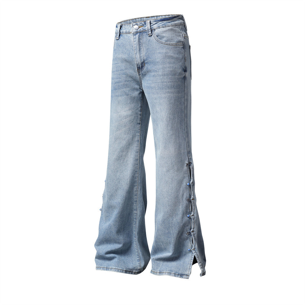 Jean homme flare wide leg – Délavage clair, fente latérale et étoiles