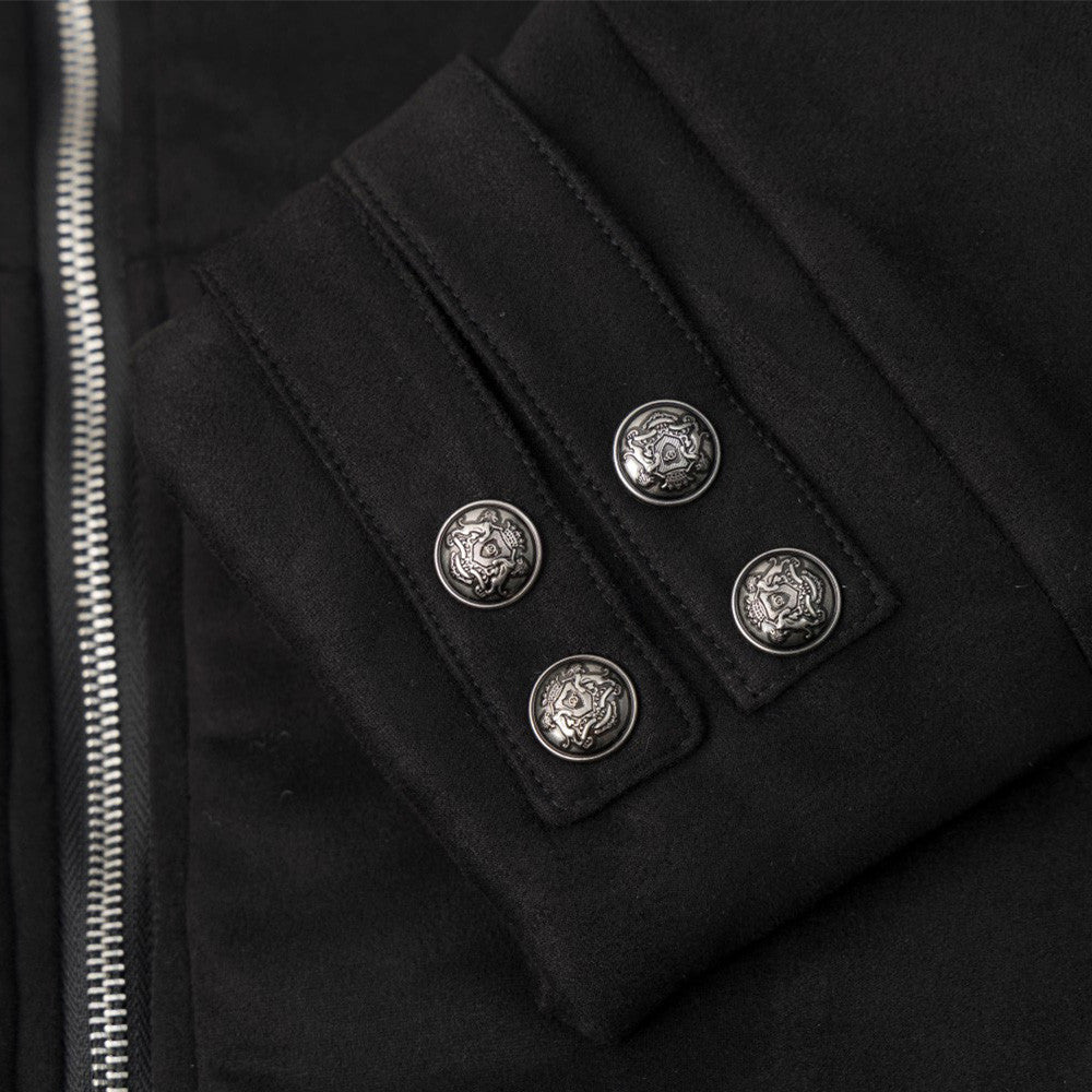 Black Fur-Trim Hooded Bomber Jacket with Arrow Sleeve Patches