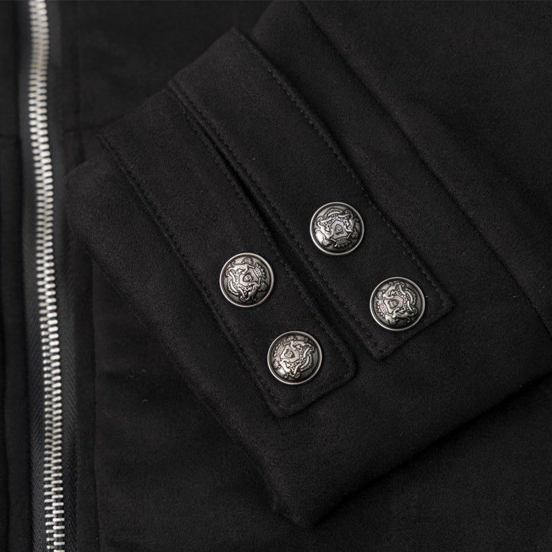 Black Fur-Trim Hooded Bomber Jacket with Arrow Sleeve Patches