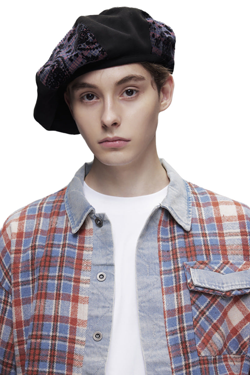 Men's Red Plaid Shirt Oversized Denim-Splice Faux Two-Piece Button-Down