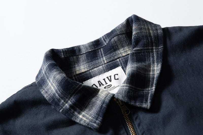Layered Plaid Collar Bomber Jacket – Relaxed Fit Men's Workwear Zip-Up