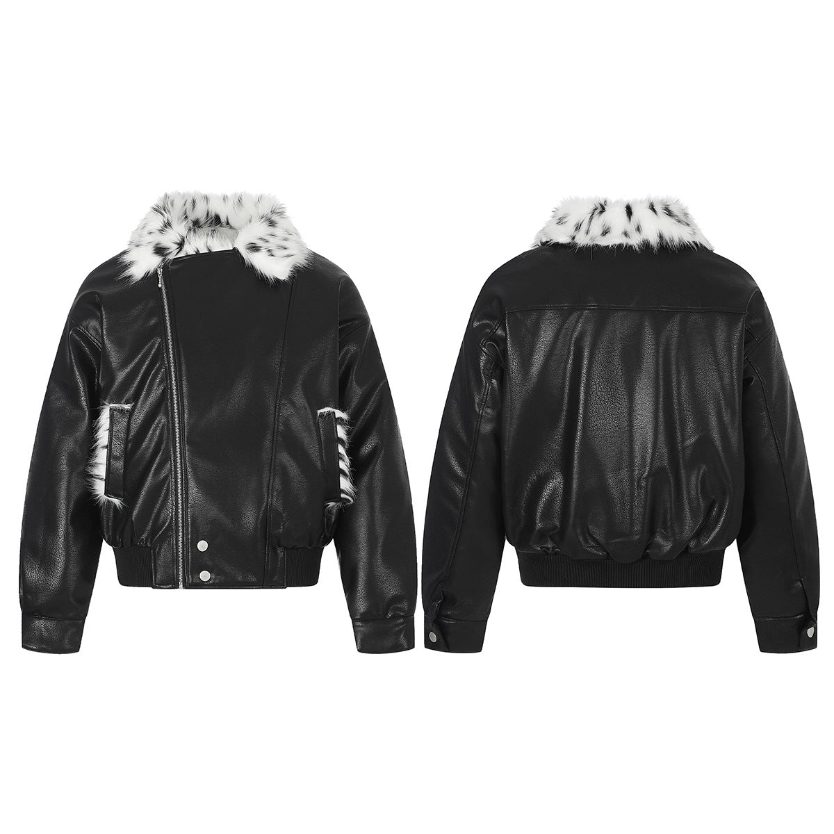 Black Faux Leather Bomber Jacket with Spotted Faux Fur Collar