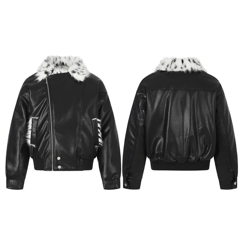 Black Faux Leather Bomber Jacket with Spotted Faux Fur Collar