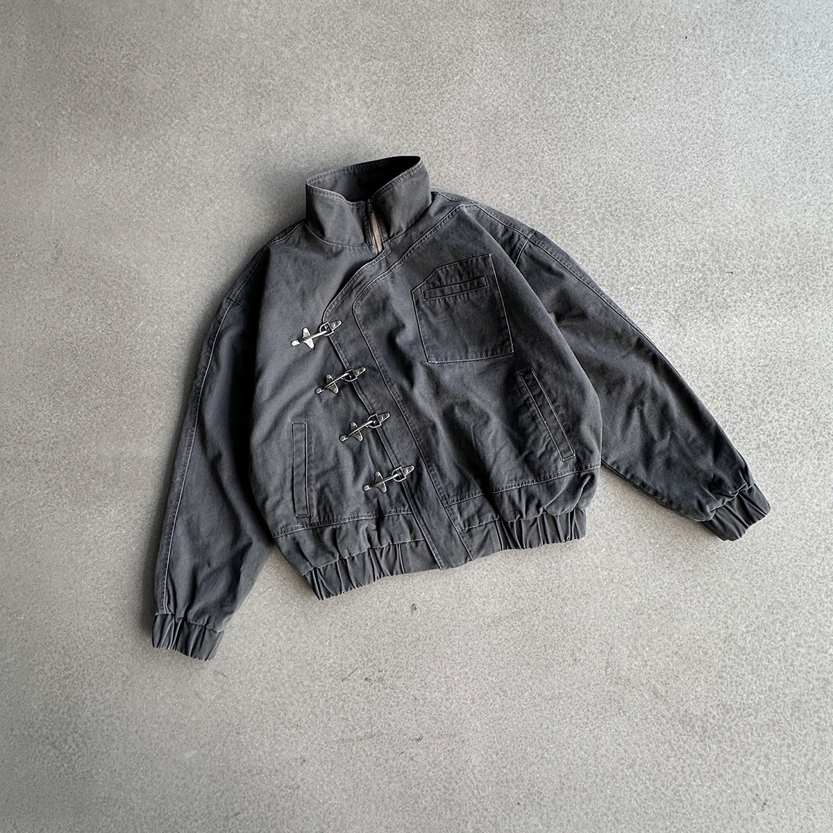 Metal Clasp Bomber Jacket – Washed Cotton Flight Jacket with Diagonal Buckle